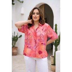 Beverly Rose 4XL Pink Abstract Kitchen Print Short Sleeve‎ Button Up Shirt NWT